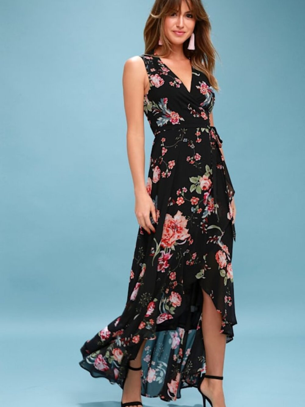 Lulus Tawny Black Floral Print Wrap Maxi Dress - Size Medium - Picture 1 of 11
